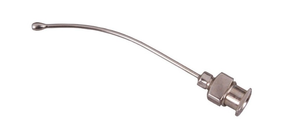 Cannula per sbrigliamento ferite con oliva 1,8 x 80 mm, curva, riutilizzabile. cannula per ferite riutilizzabile con oliva 1,8 x 80 mm, curva
