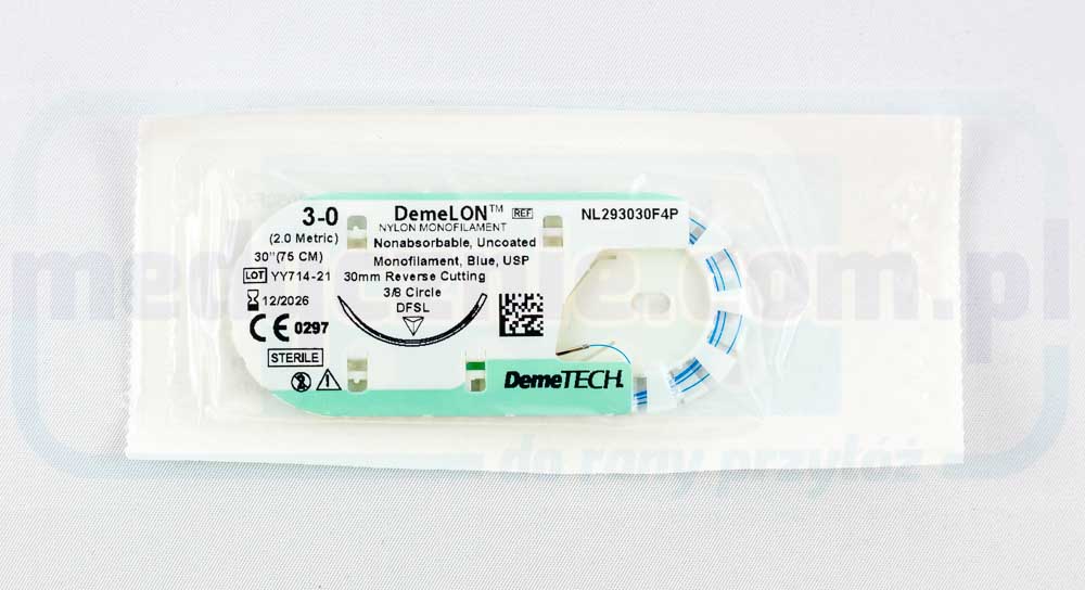 DEMELON Sutura chirurgica (non assorbibile) 3/0 90cm blu con ago reversibile DEMETECH 3/8 30mm 1 pezzo